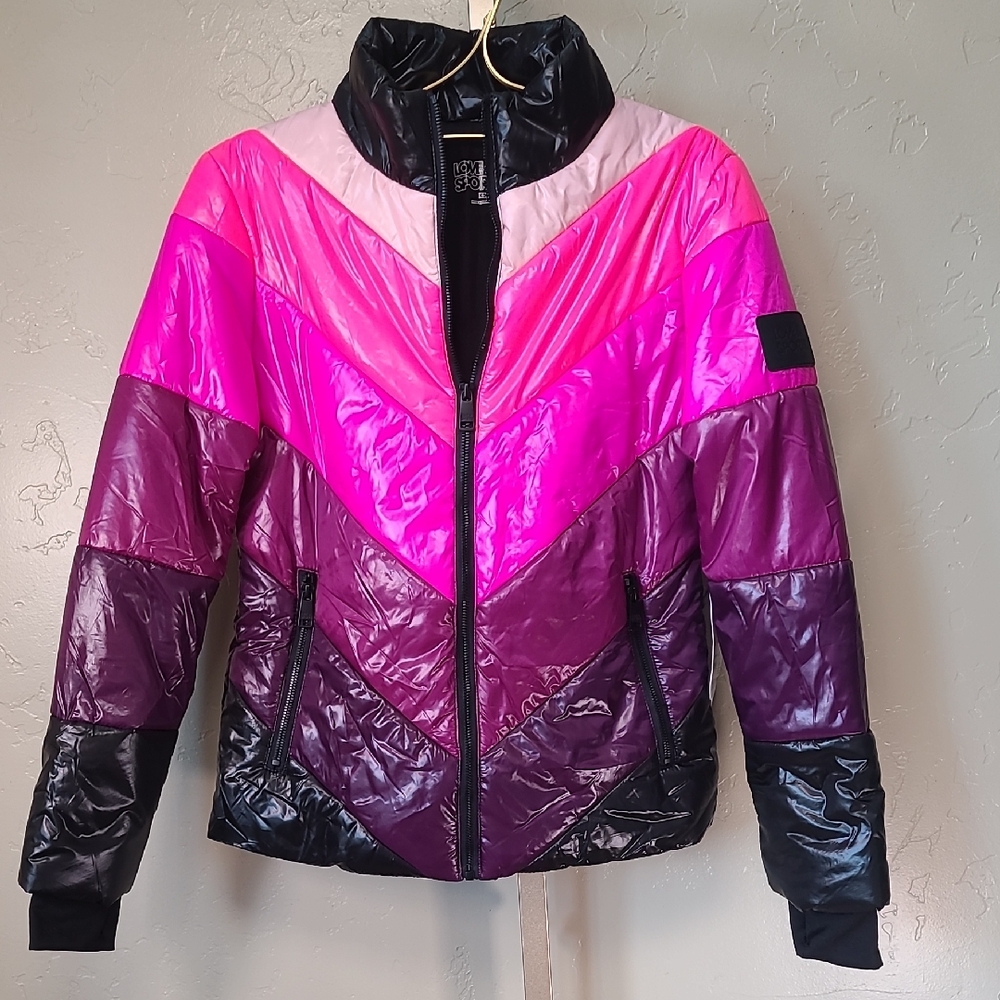 Love & Sports Puffer Bright Colorful Jacket in Pink Black Purple